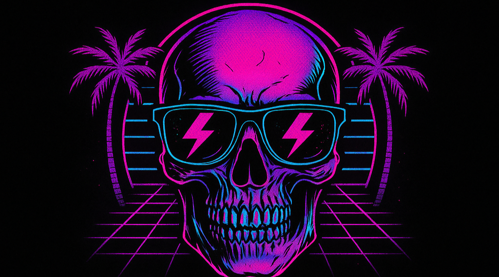 Skull wearing sunglasses with pink lightning bolts and 'LOUD FOREVER' text on a black background
